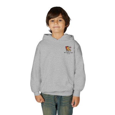 A young boy wearing a grey Capy Life kids hoodie featuring a small patriotic capybara graphic on the chest.
