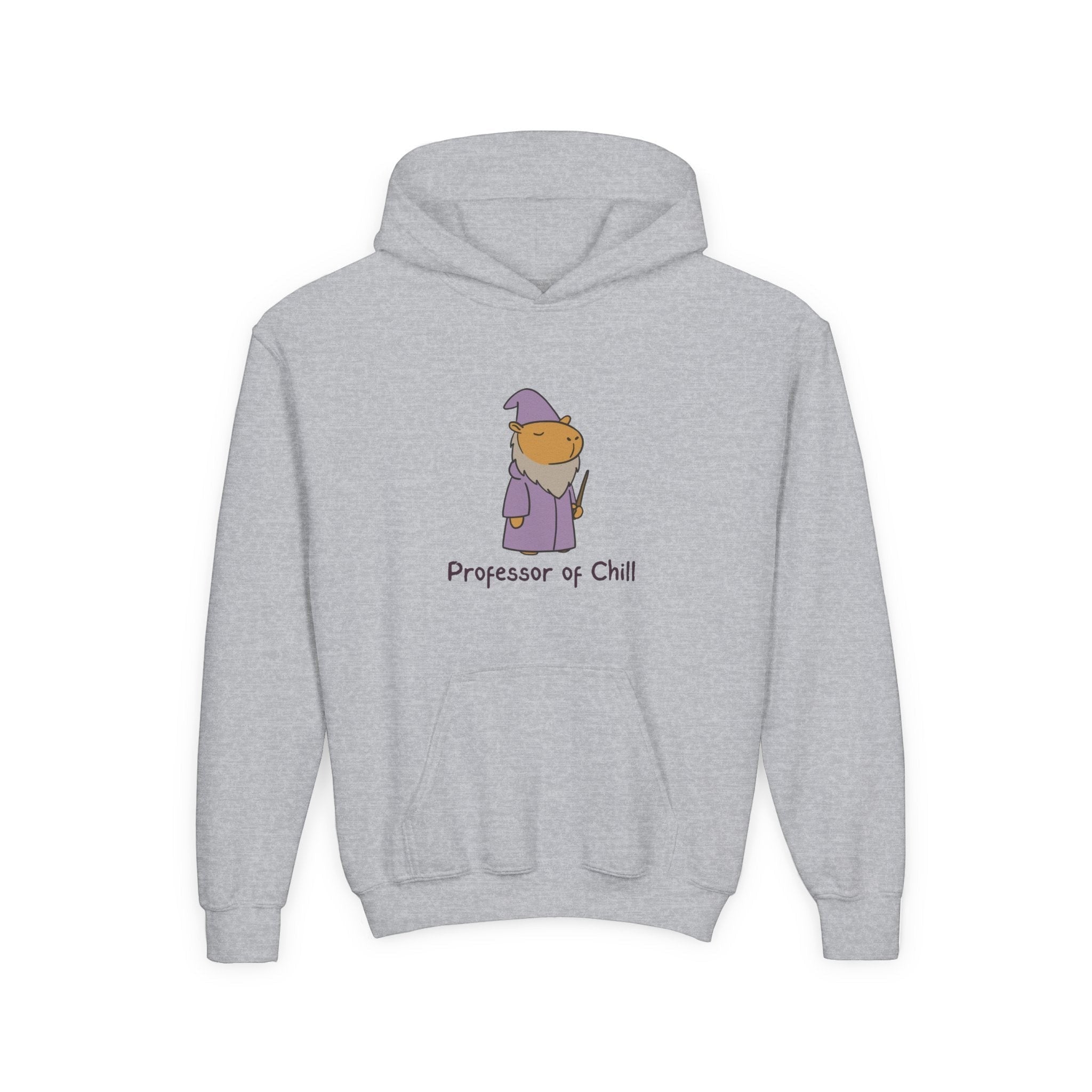 Capy Life kids grey hoodie featuring a cute wizard capybara graphic with the text Professor of Chill
