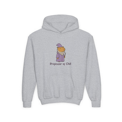 Capy Life kids grey hoodie featuring a cute wizard capybara graphic with the text Professor of Chill