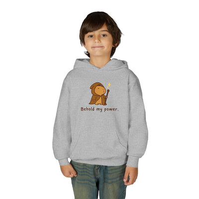 Capy Life grey kids hoodie featuring a cute wizard capybara graphic with the text Behold my power