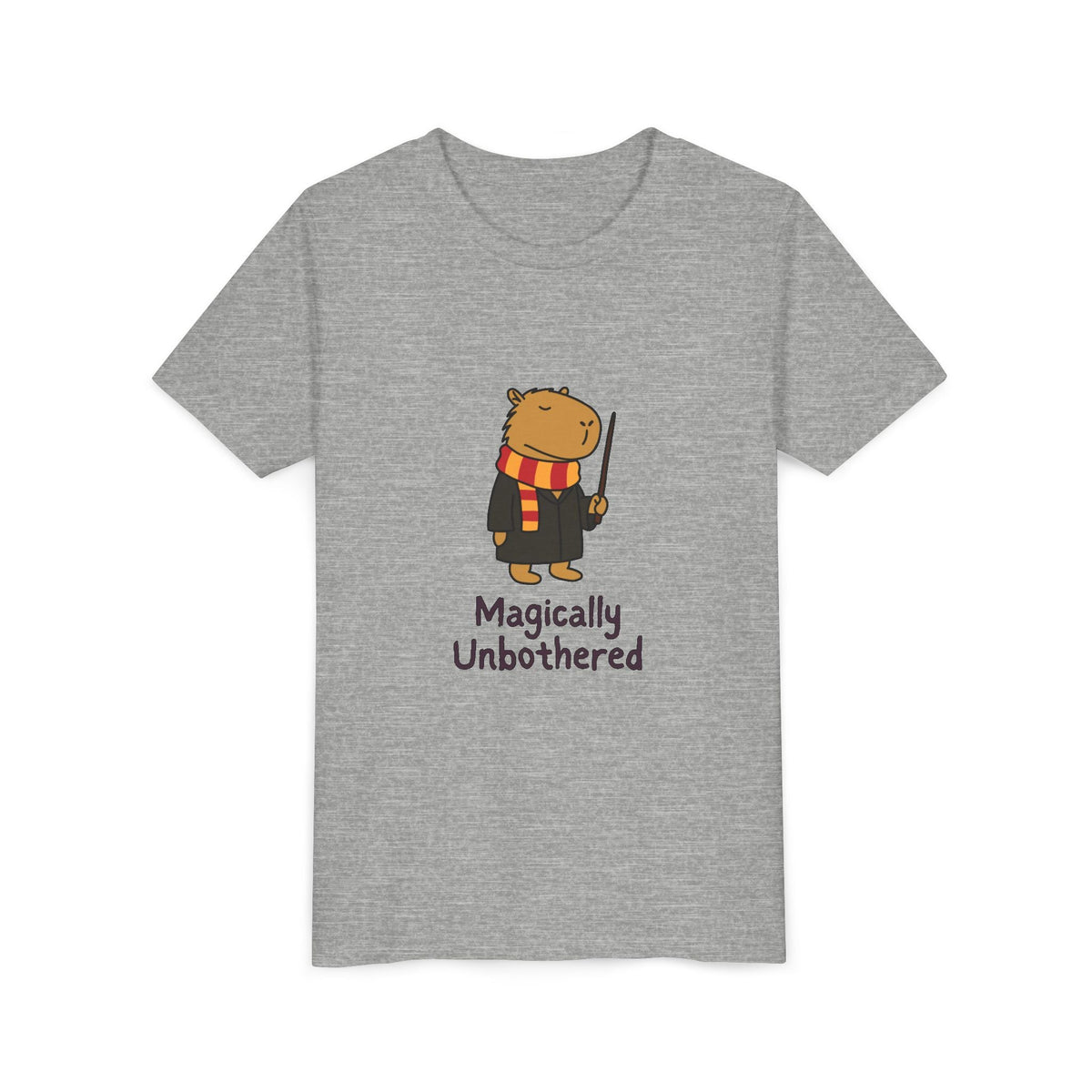 Capy Life grey youth t-shirt featuring a cute wizard capybara graphic with a wand and the text Magically Unbothered