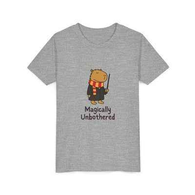 Capy Life grey youth t-shirt featuring a cute wizard capybara graphic with a wand and the text Magically Unbothered