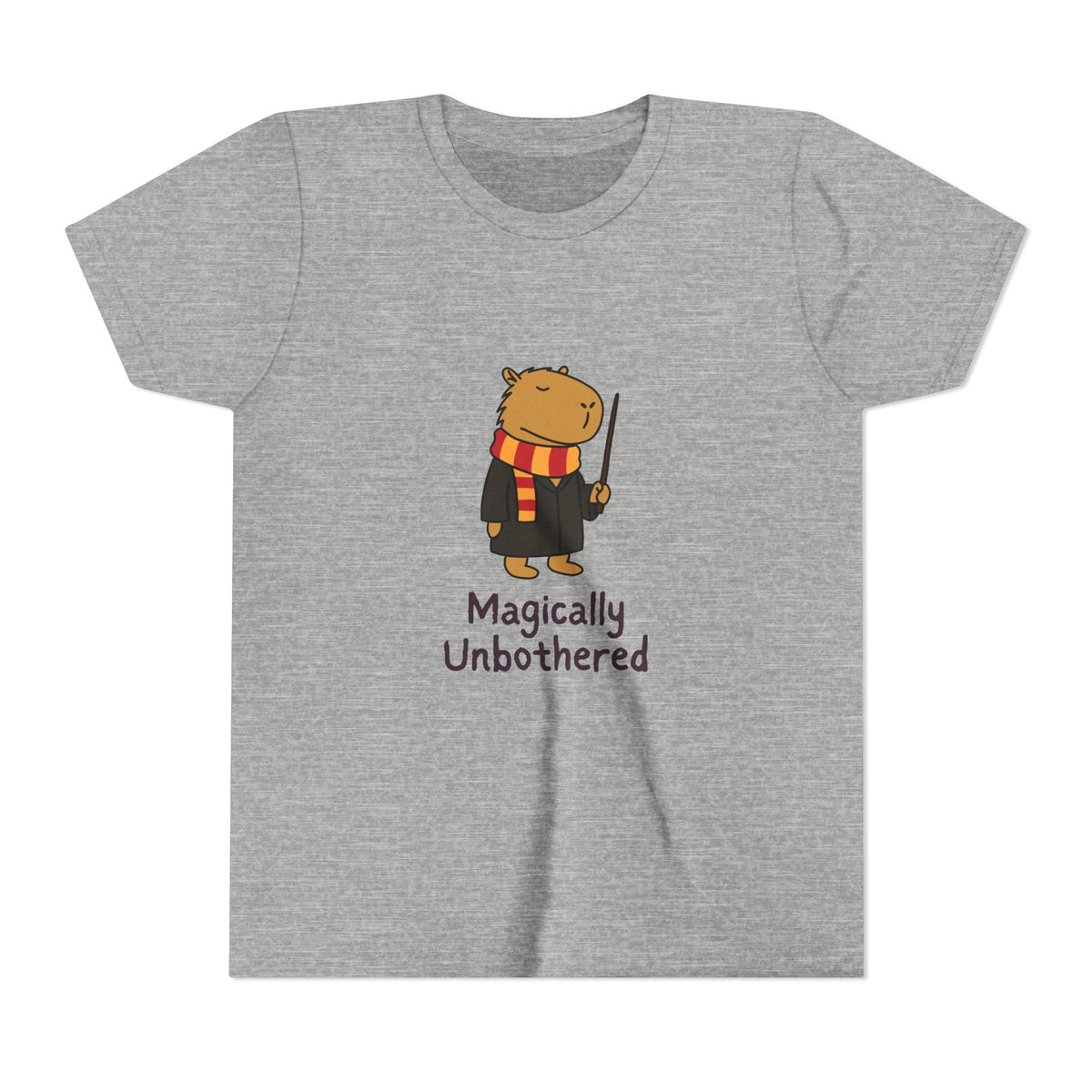 Capy Life youth grey cotton t-shirt featuring a cute wizard capybara with a wand and the text Magically Unbothered.
