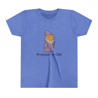 Capy Life youth t-shirt in heather blue featuring a wizard capybara graphic with the text Professor of Chill