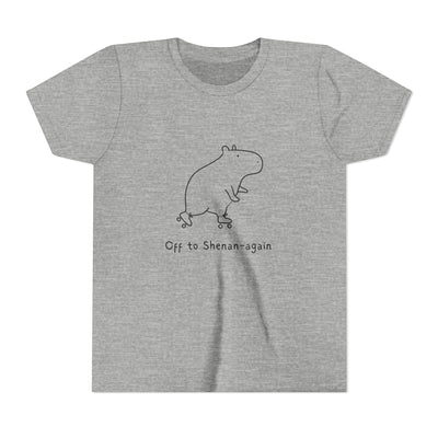 Capy Life heather grey kids graphic tee featuring a doodle of a capybara on roller skates with funny text.
