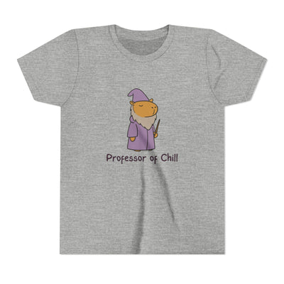 Capy Life youth tee in heather grey featuring a wizard capybara graphic with the text Professor of Chill.