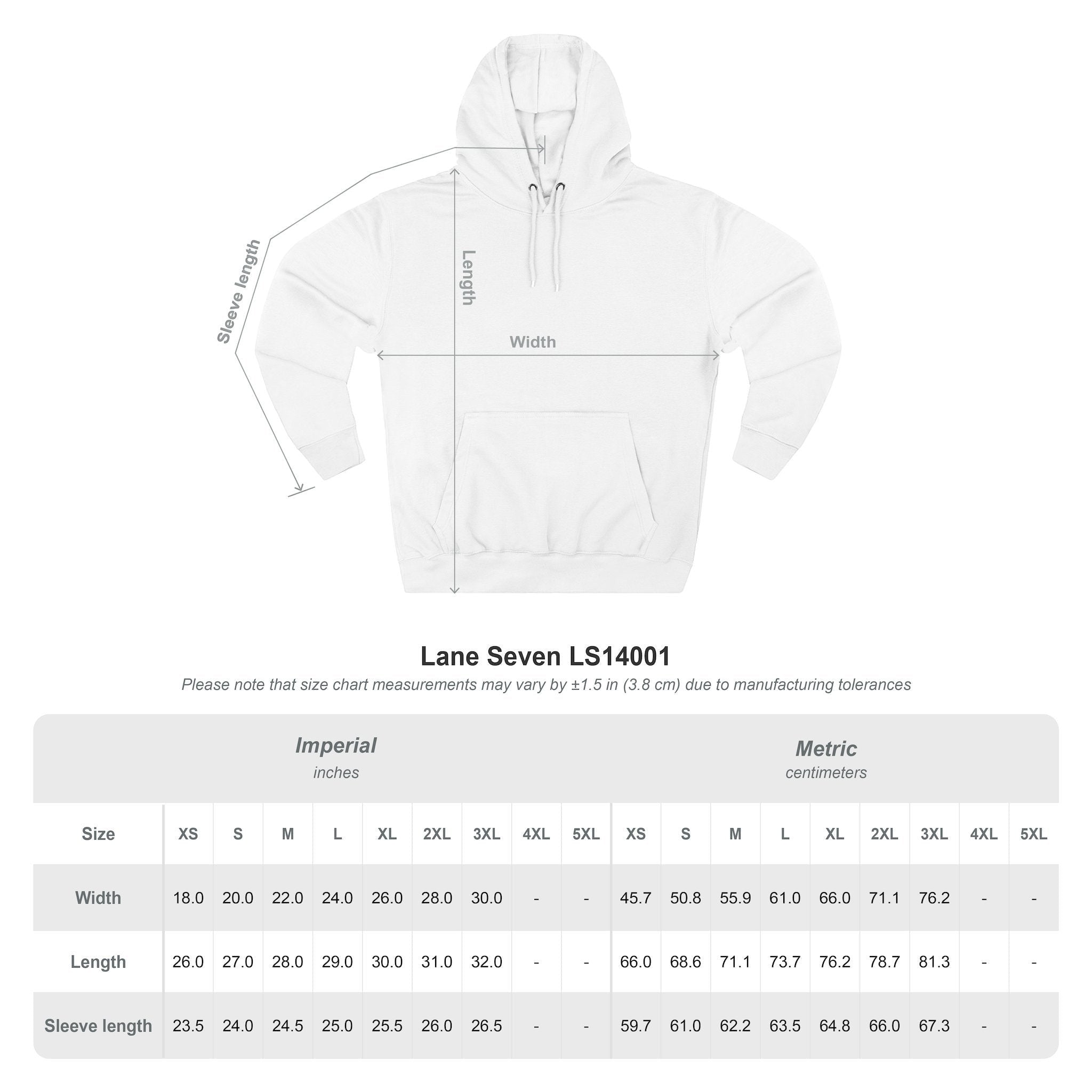 Capy Life white unisex hoodie size chart showing measurements for length, width, and sleeve length.
