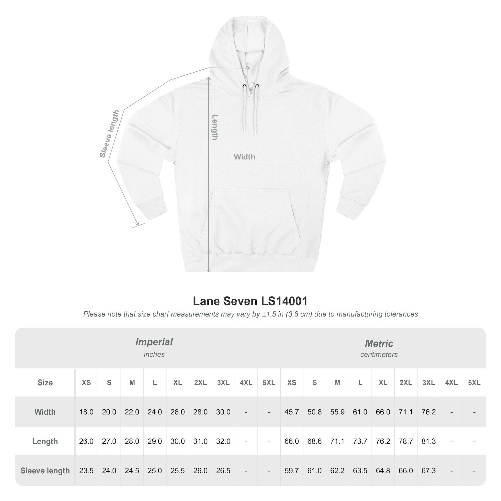 Capy Life white fleece hoodie size chart showing measurements for length, width, and sleeve length.
