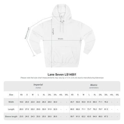 Capy Life white fleece hoodie size chart with measurements for width, length, and sleeve length.