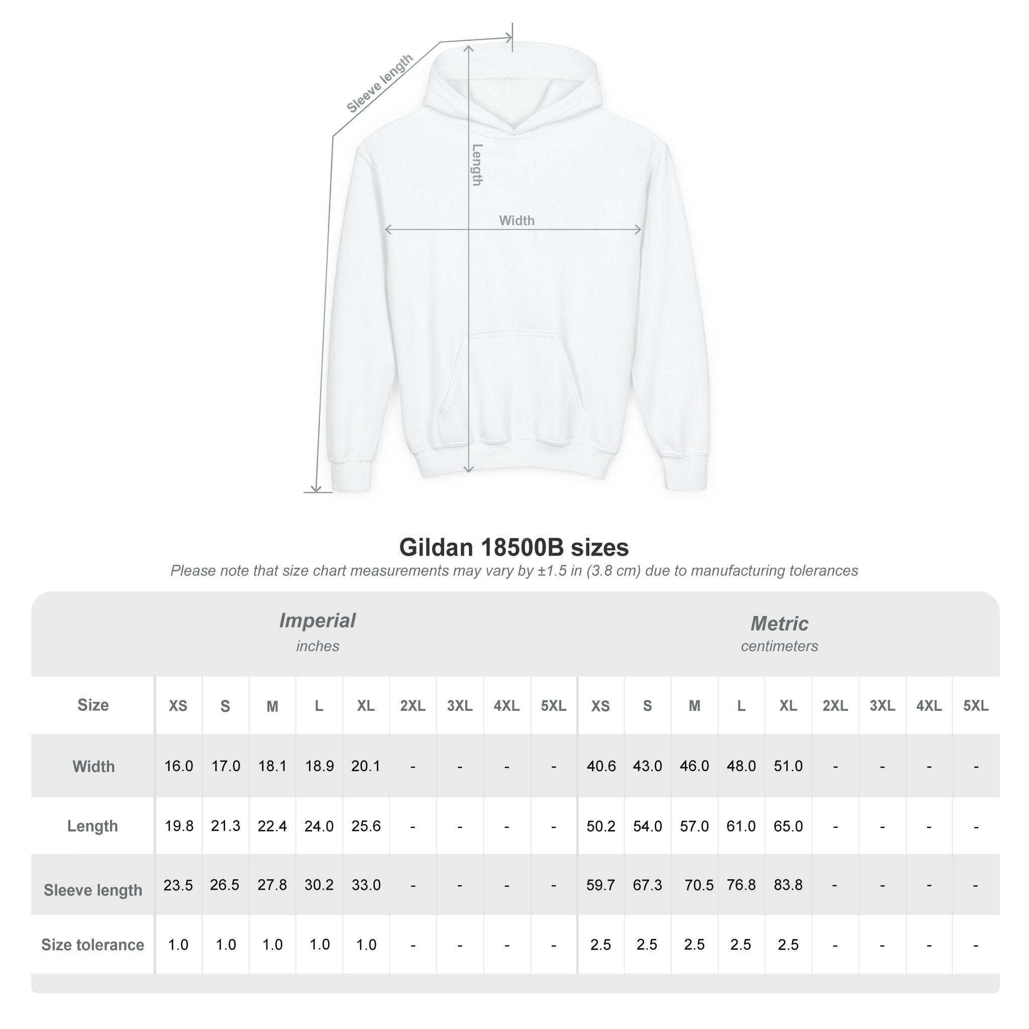 Capy Life size guide diagram for a hoodie showing width, length, and sleeve length measurements for various sizes.