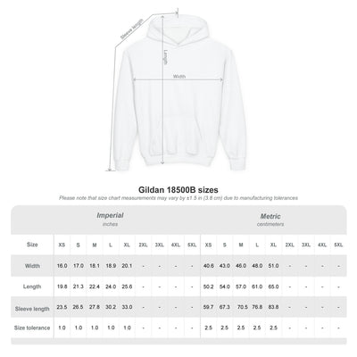 Capy Life size guide diagram for a hoodie showing width, length, and sleeve length measurements for various sizes.