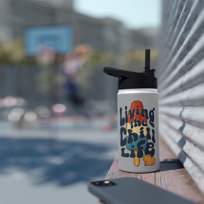 Capy Life insulated kids water bottle with retro popsicle design, groovy lettering, and a cute capybara illustration.