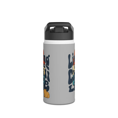 Capy Life insulated kids water bottle with a grey finish, featuring a retro popsicle design and a cute capybara.