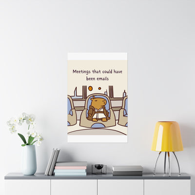 Capy Life wall art print featuring a Jedi capybara in a meeting, displayed in a minimalist home office setting.