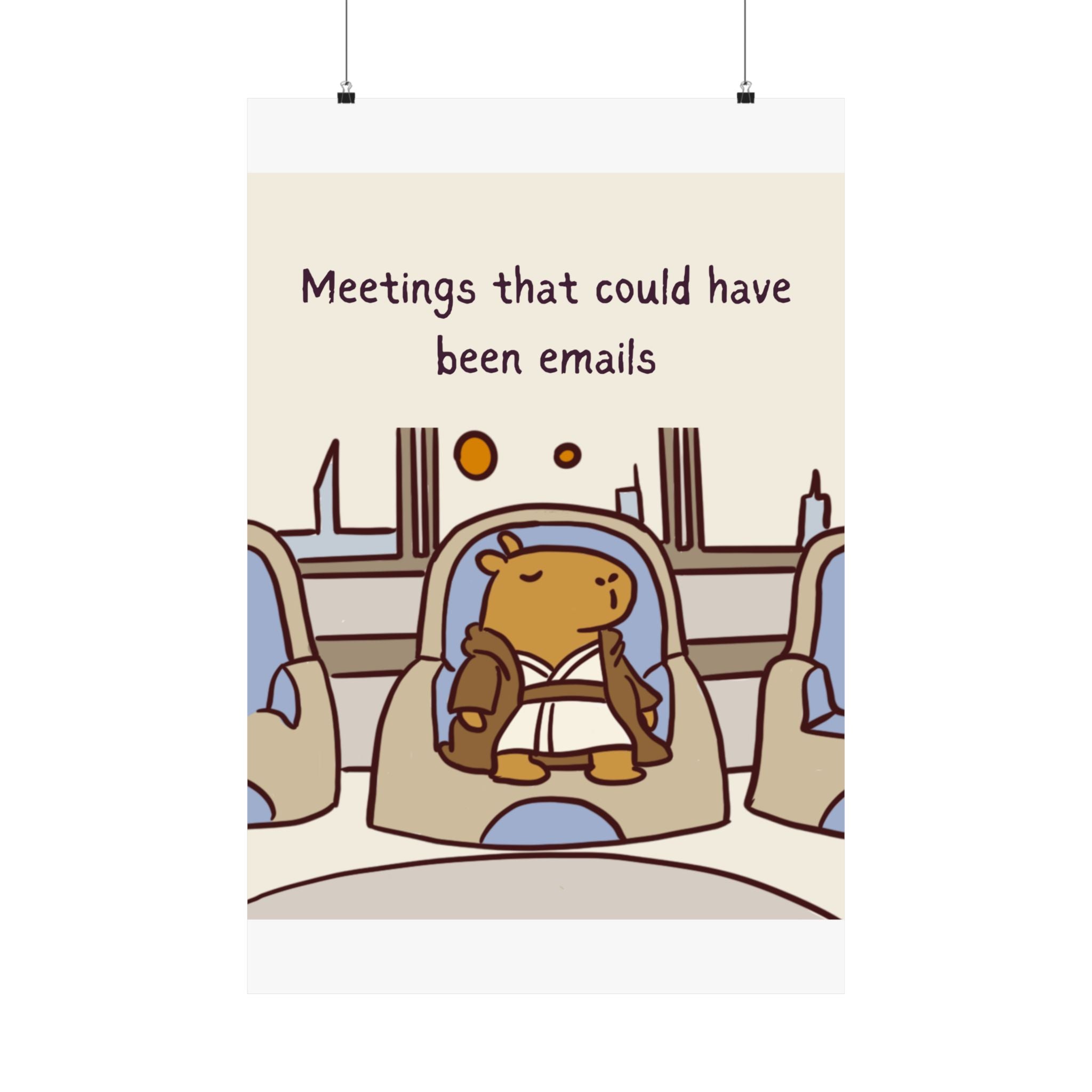Capy Life wall art print featuring a minimalist Jedi capybara sitting in a meeting with neutral tones.