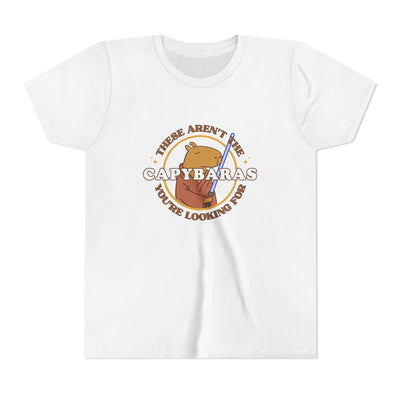 Capy Life white youth t-shirt featuring a comic-style Jedi capybara graphic with a lightsaber and Star Wars parody text.
