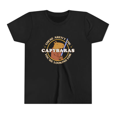 Capy Life black youth t-shirt featuring a comic-style Jedi capybara graphic with a lightsaber and Star Wars parody text.