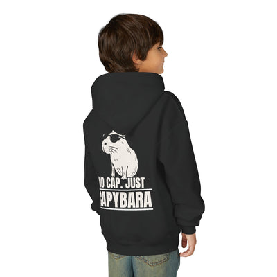 Capy Life kids black hoodie featuring a back graphic of a cool capybara wearing sunglasses and No Cap text