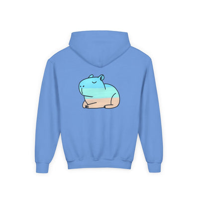 Capy Life kids blue pullover hoodie featuring a playful hand-painted capybara beach graphic on the back