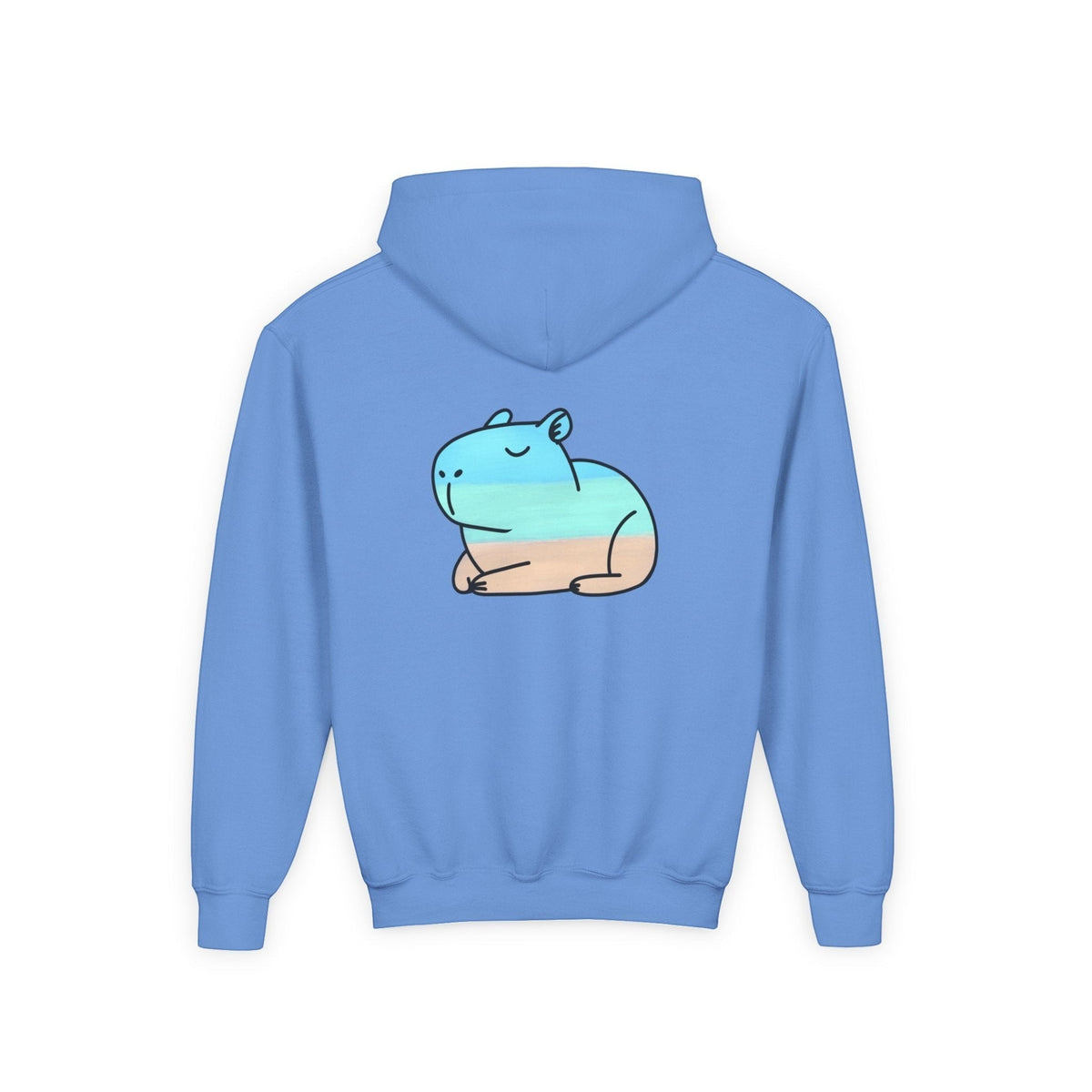 Capy Life kids blue pullover hoodie featuring a playful hand-painted capybara beach graphic on the back