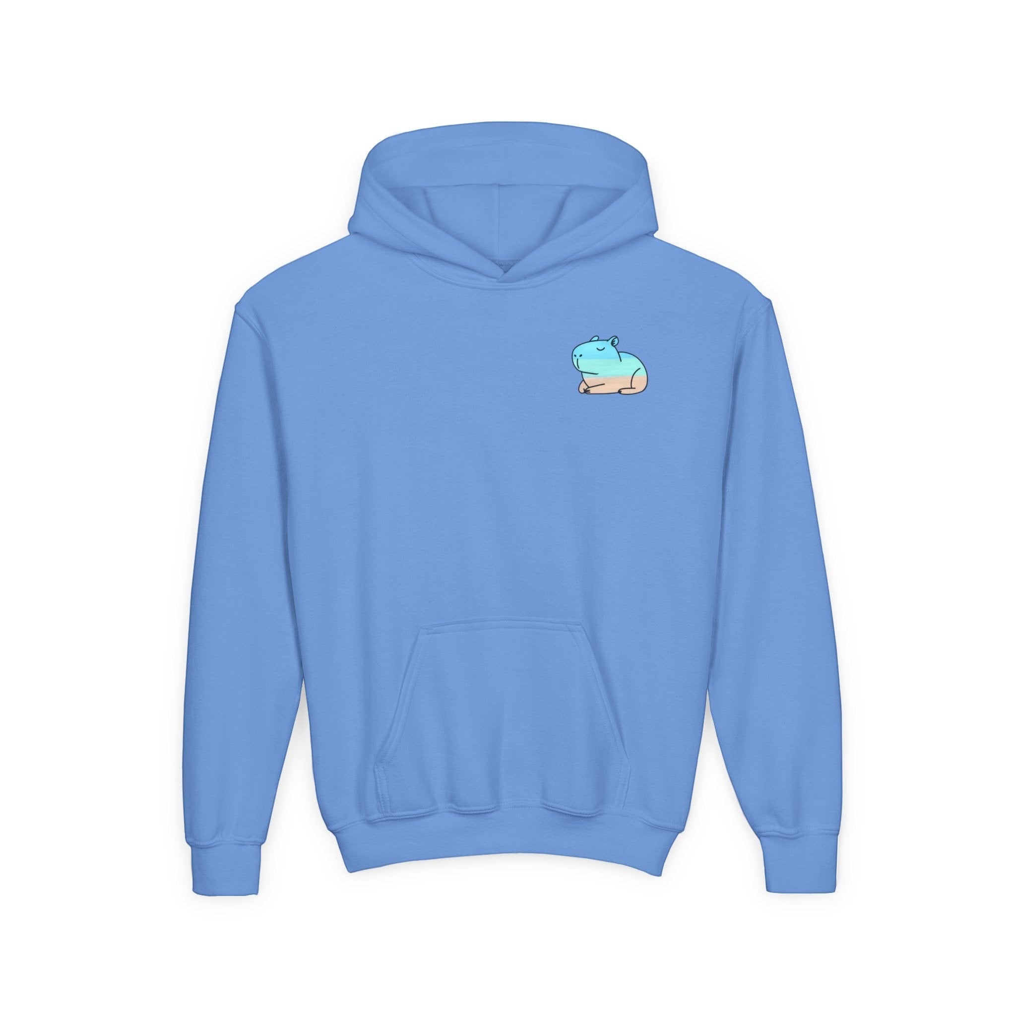 Capy Life kids blue pullover hoodie with a small, minimalist coastal capybara graphic on the front chest.