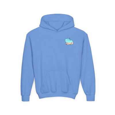 Capy Life kids blue pullover hoodie with a small, minimalist coastal capybara graphic on the front chest.