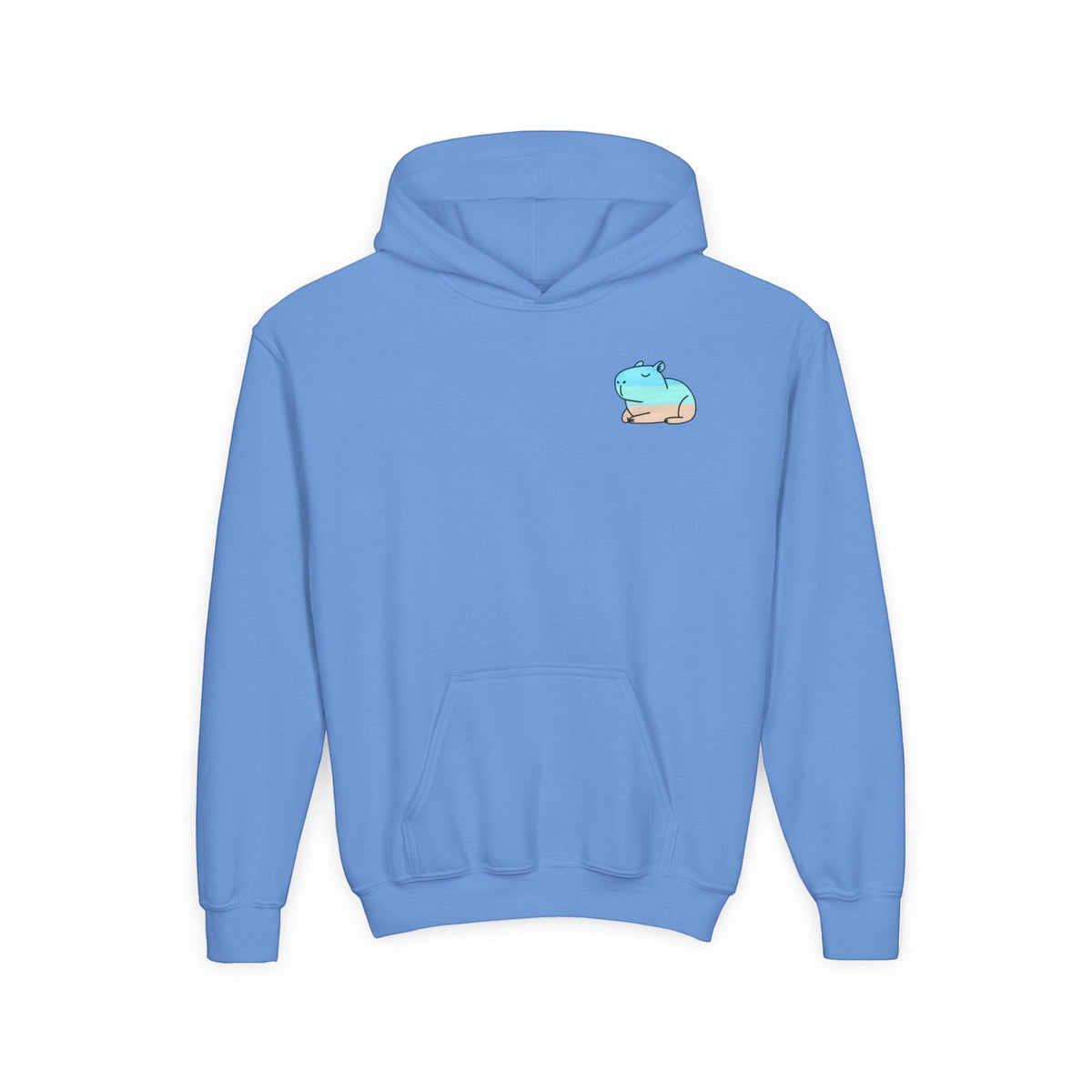 Capy Life kids blue pullover hoodie with a small, minimalist coastal capybara graphic on the front chest.