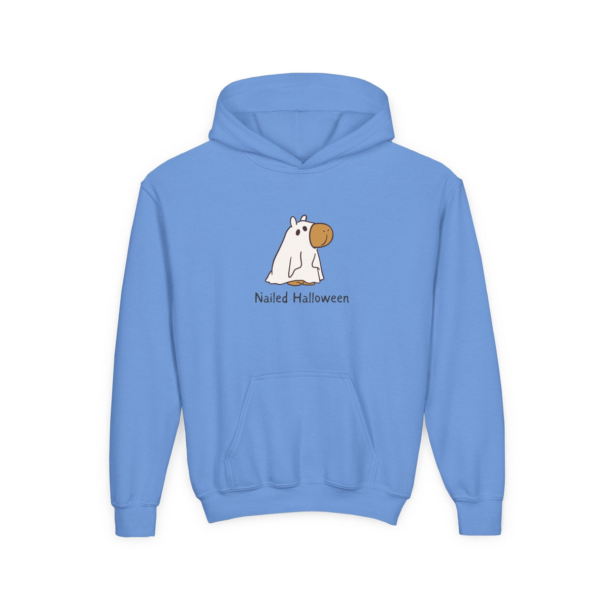 Capy Life kids hoodie in light blue featuring a cute capybara wearing a ghost sheet costume with Nailed Halloween text.