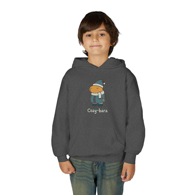 Capy Life kids dark grey hoodie featuring a cute Cozy-bara character graphic in a winter coat, hat, and scarf.