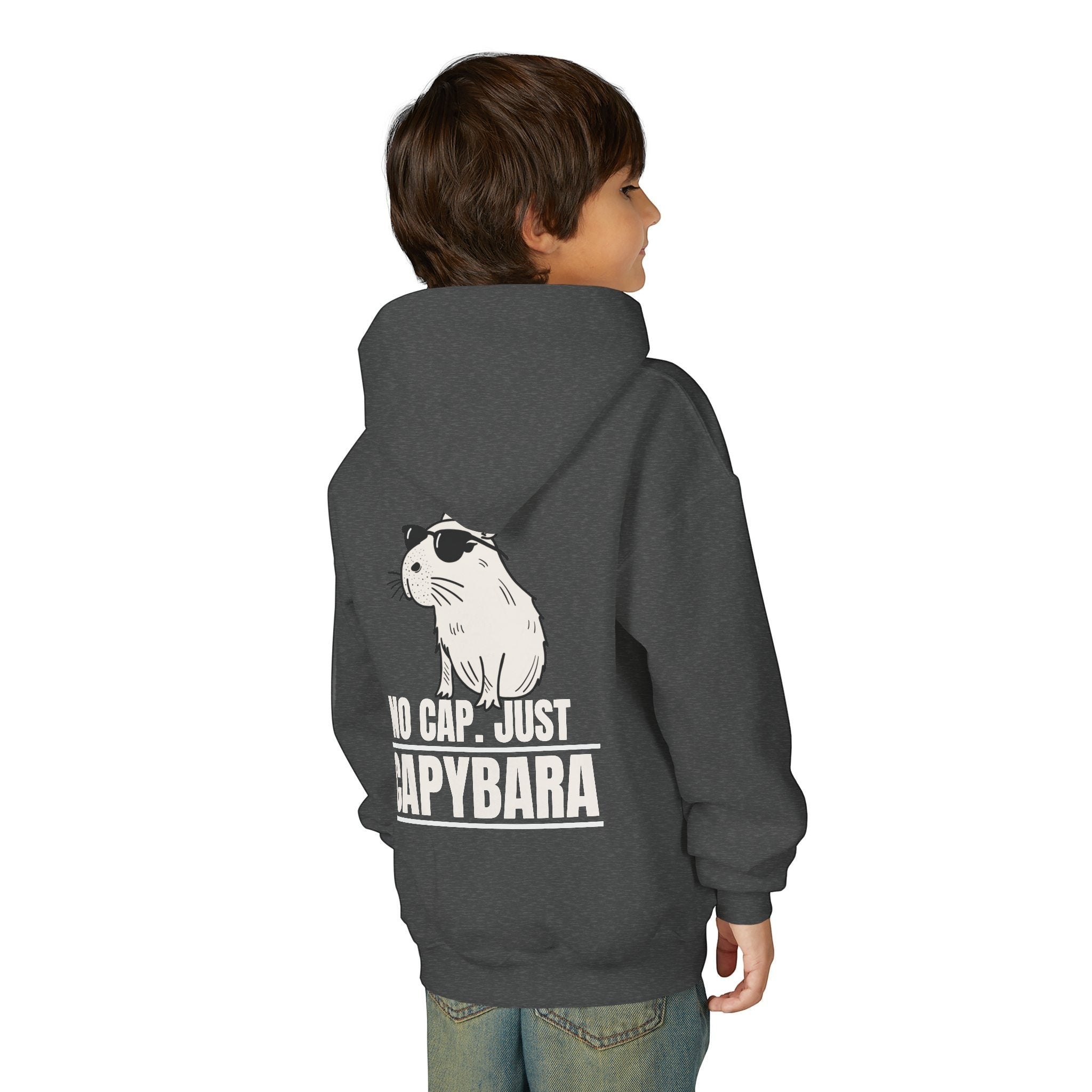 Capy Life kids dark grey hoodie featuring a back graphic of a cool capybara wearing sunglasses with No Cap text