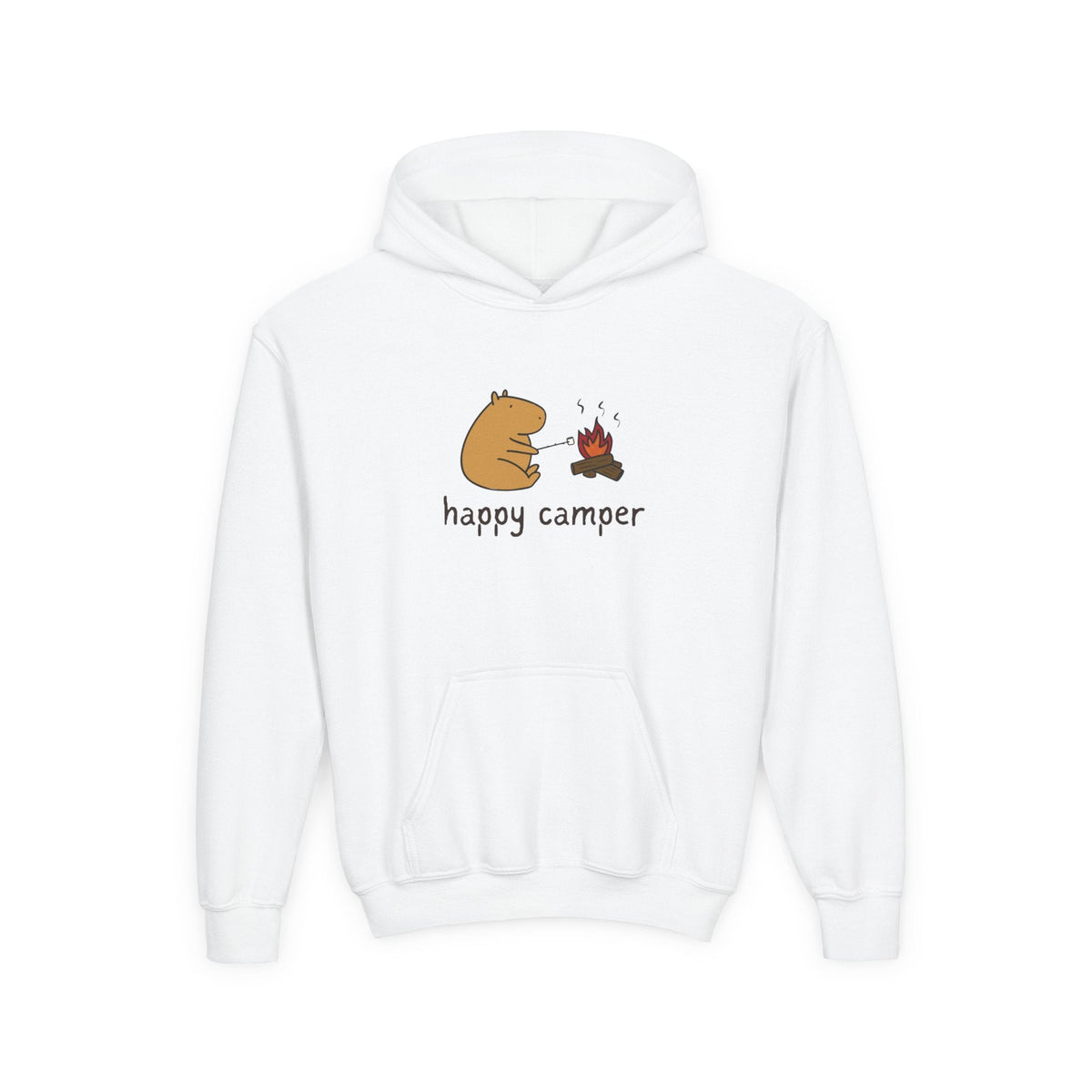 Capy Life kids white hoodie featuring a hand-drawn capybara roasting a marshmallow over a campfire with Happy Camper text