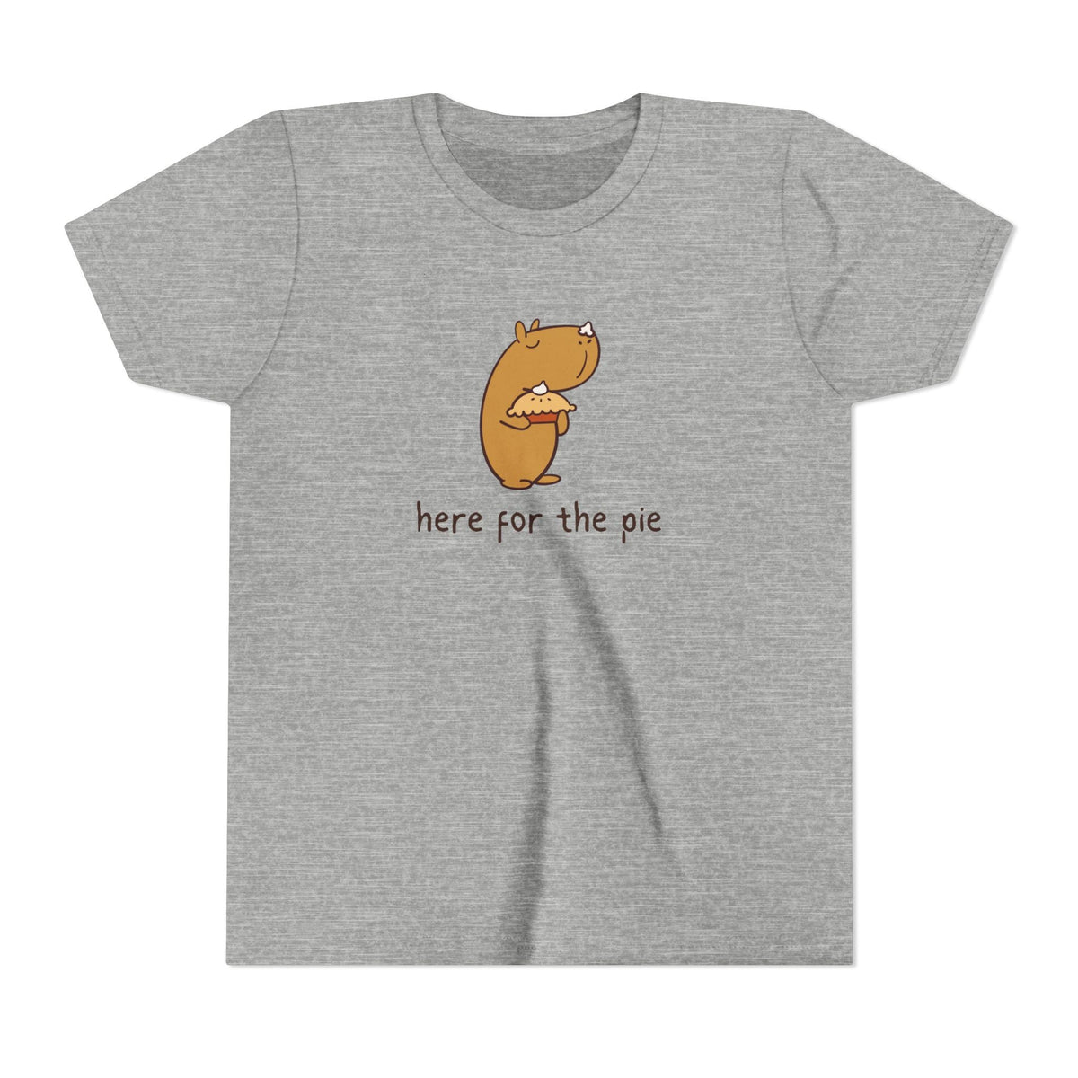 Capy Life kids grey t-shirt featuring a cute capybara holding a pie with whipped cream on its nose and text below.