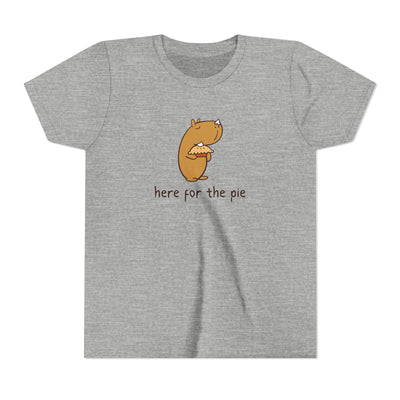 Capy Life kids grey t-shirt featuring a cute capybara holding a pie with whipped cream on its nose and text below.