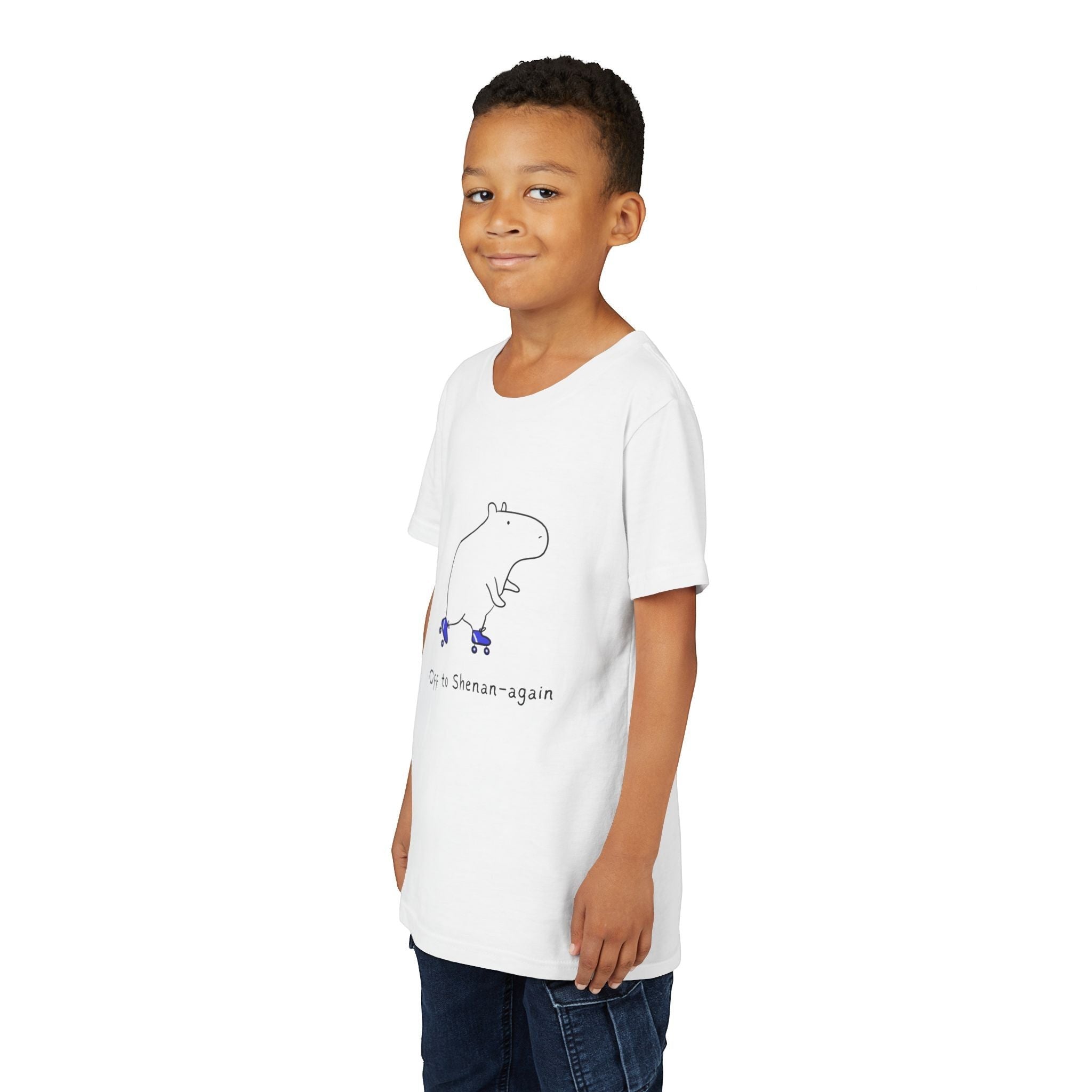 Capy Life kids white cotton t-shirt featuring a funny doodle of a capybara on roller skates with text.