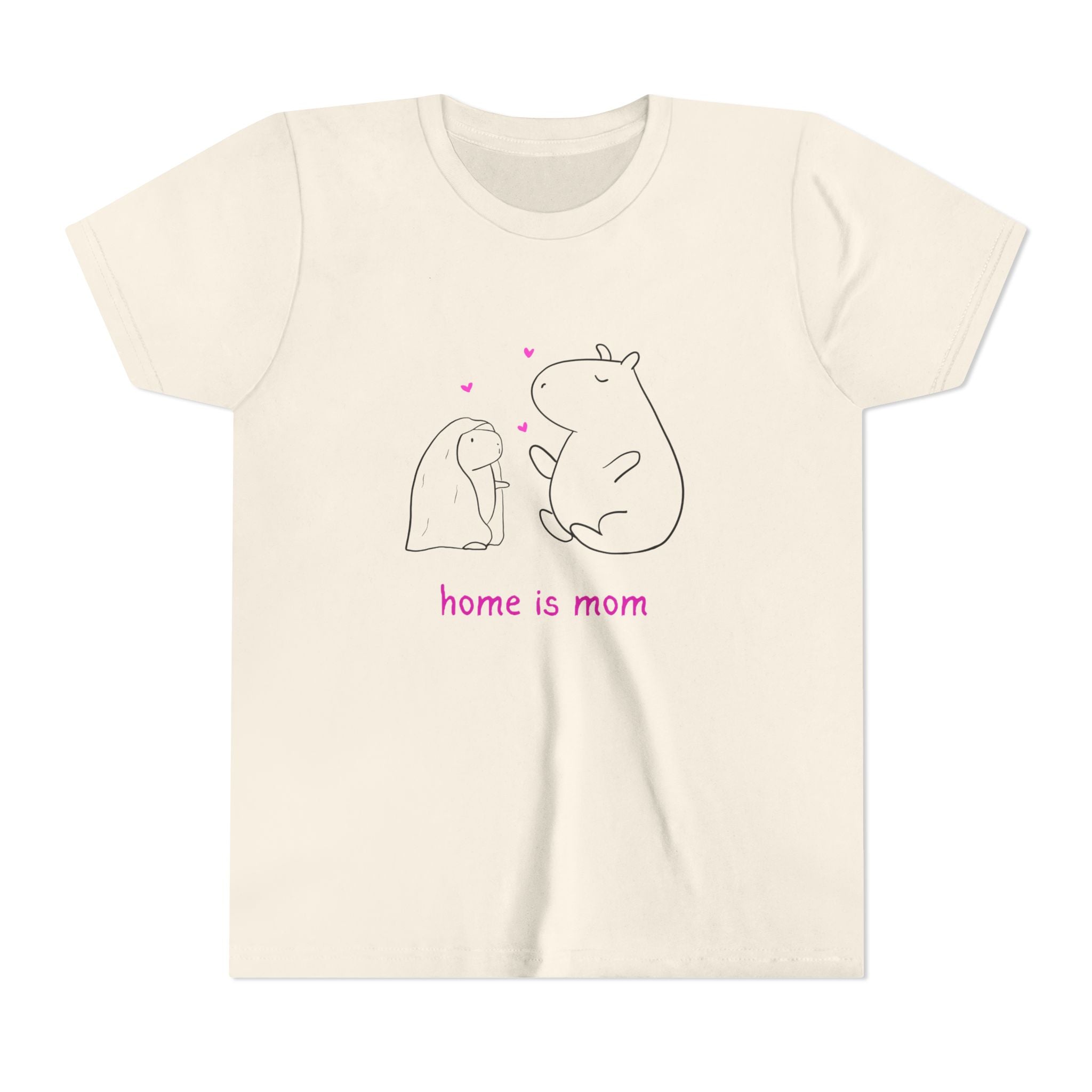Capy Life kids t-shirt in cream cotton featuring a minimalist capybara illustration and Home Is Mom text.