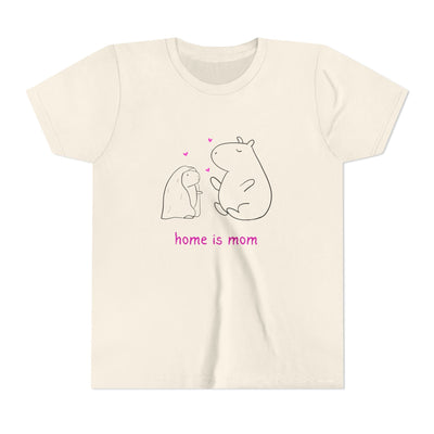 Capy Life kids t-shirt in cream cotton featuring a minimalist capybara illustration and Home Is Mom text.