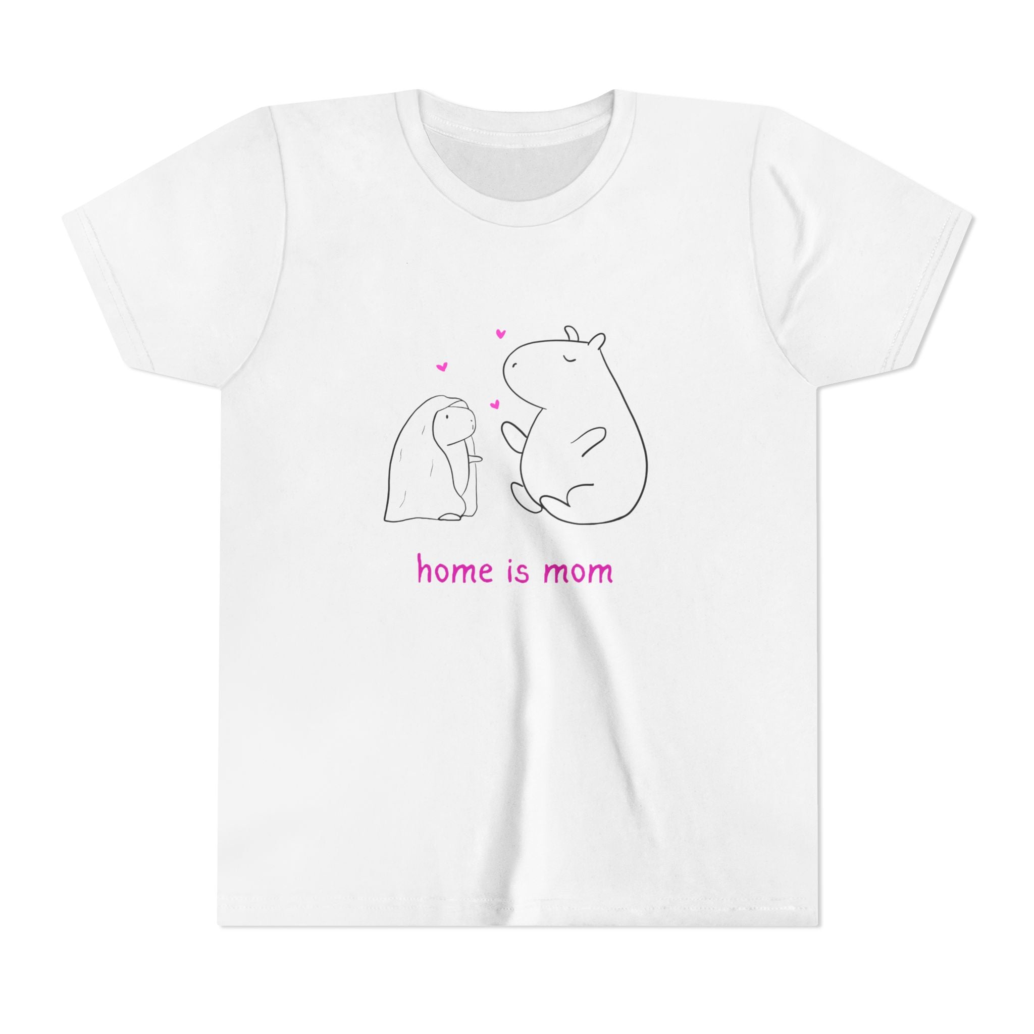 Capy Life white kids t-shirt featuring a minimalist capybara illustration and the text Home is mom in pink.