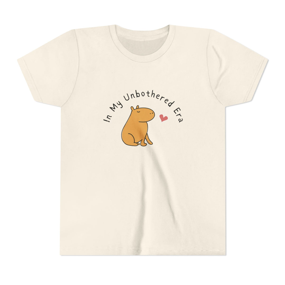 Capy Life kids t-shirt in cream featuring a cute capybara illustration and In My Unbothered Era text with a heart.