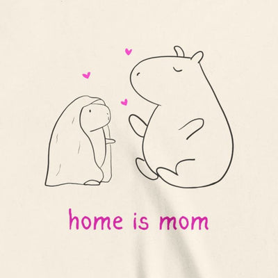 Capy Life kids t-shirt featuring a minimalist capybara illustration with hearts and the text home is mom