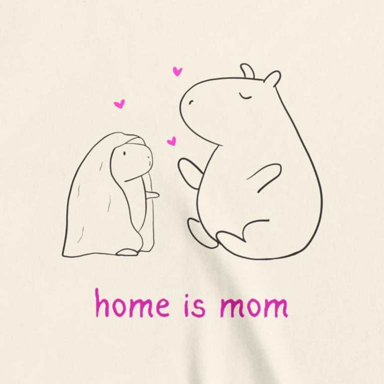 Capy Life kids t-shirt featuring a minimalist capybara illustration with hearts and the text home is mom