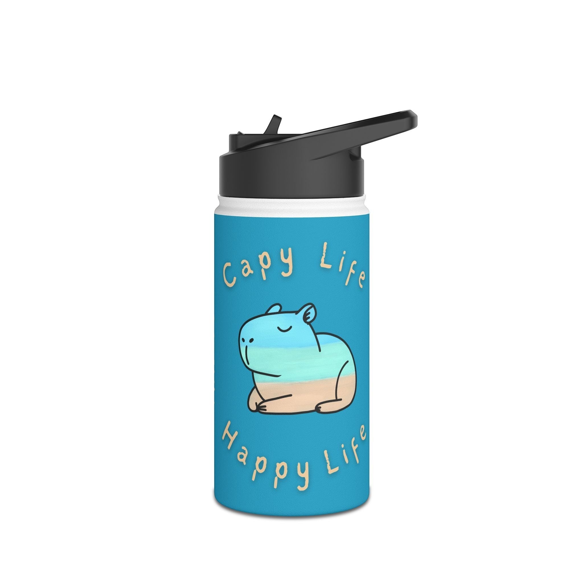 Capy Life 12oz stainless steel kids water bottle with a coastal capybara illustration and flip-top lid