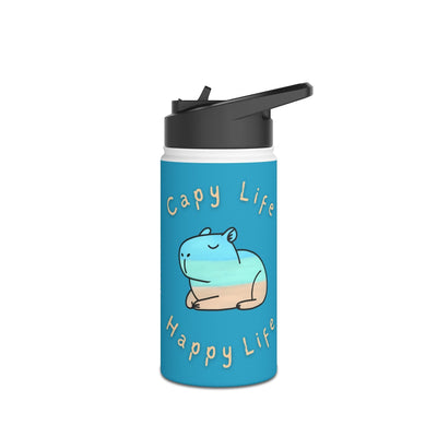 Capy Life 12oz stainless steel kids water bottle with a coastal capybara illustration and flip-top lid