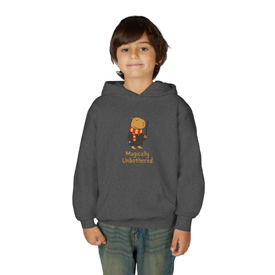 Capy Life kids dark grey hoodie featuring a cute capybara wizard illustration with the text Magically Unbothered.