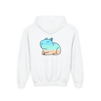 Capy Life kids white pullover hoodie featuring a hand-painted coastal capybara graphic on the back