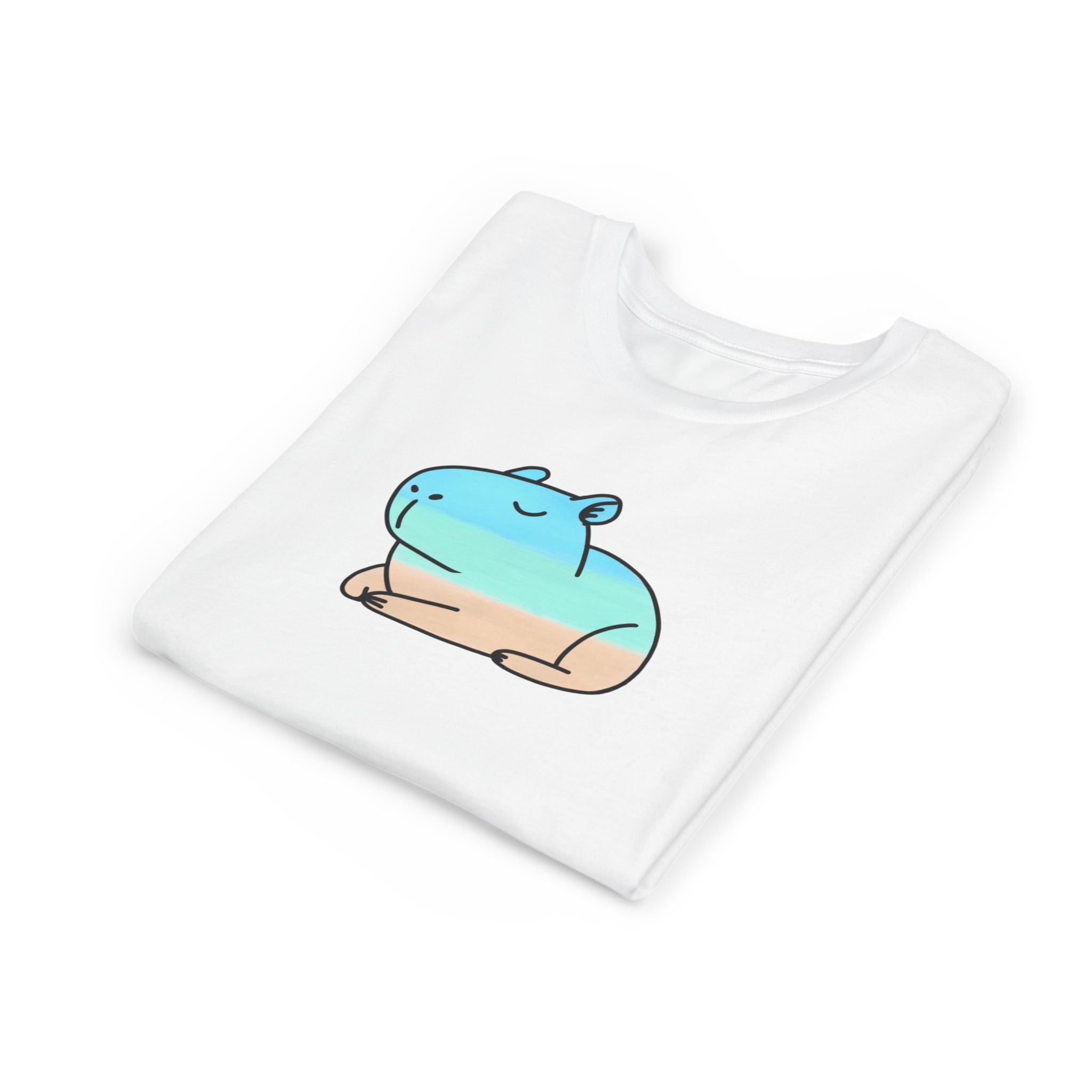 Capy Life kids white t-shirt featuring a hand-painted coastal capybara graphic in soft blue and tan tones.