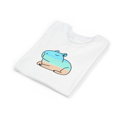 Capy Life kids white t-shirt featuring a hand-painted coastal capybara graphic in soft blue and tan tones.