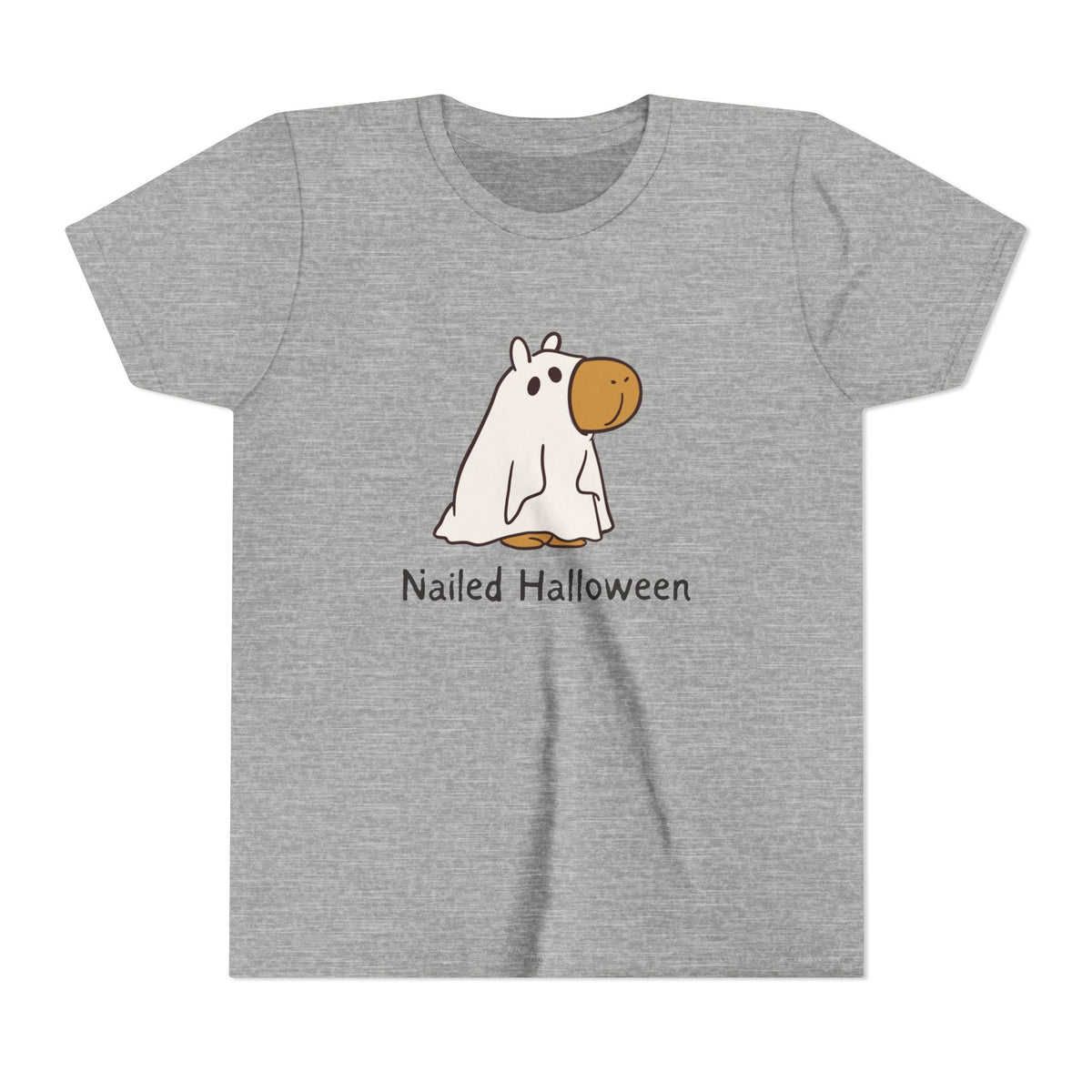 Capy Life kids grey t-shirt featuring a cartoon capybara in a ghost costume with the text Nailed Halloween