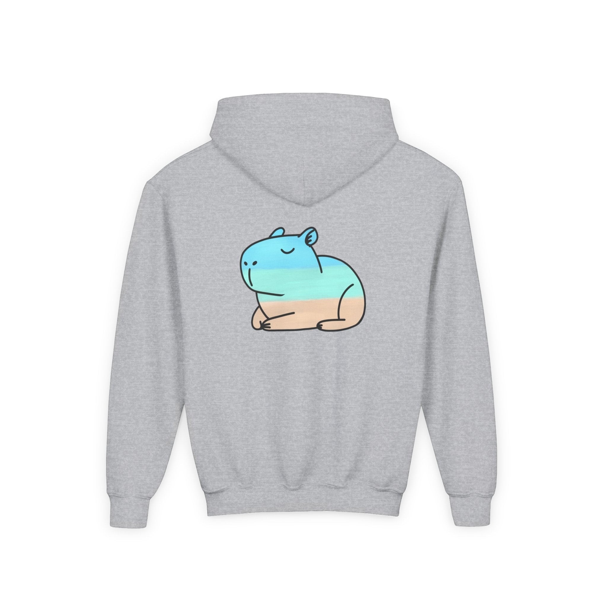 Capy Life kids grey pullover hoodie featuring a hand-painted coastal capybara graphic on the back