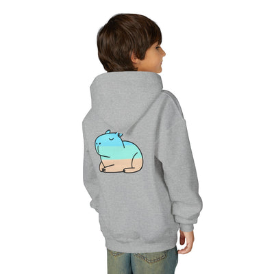Capy Life kids grey pullover hoodie featuring a playful blue and peach capybara graphic on the back