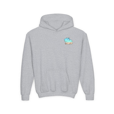 Capy Life kids grey pullover hoodie with a small, minimalist coastal capybara graphic on the chest.